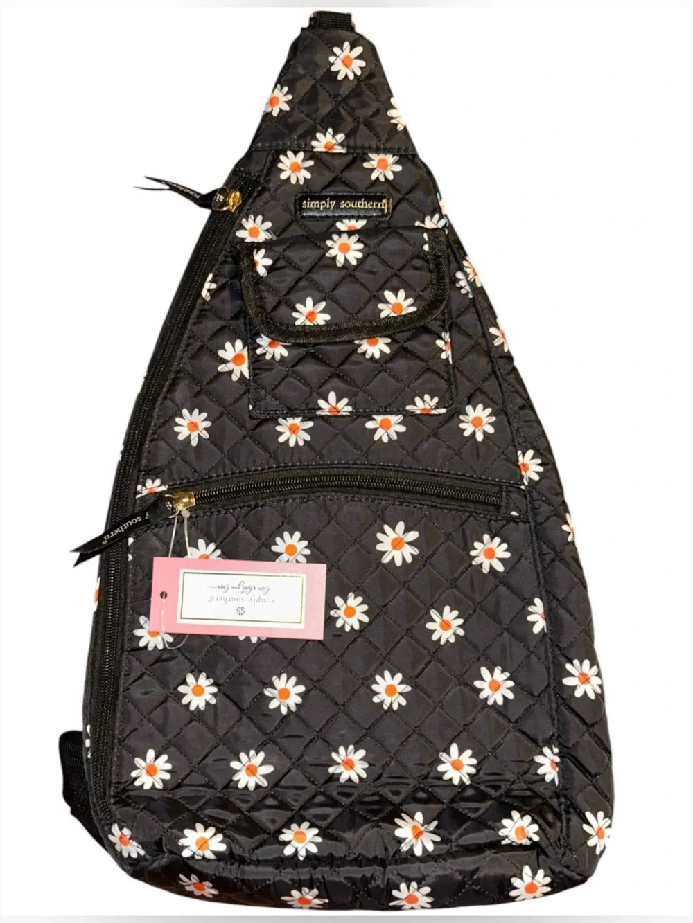 NWT Simply Southern Black Daisy Quilted Sling Lightweight Backpack Crossbody Bag